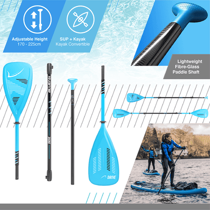 Adjustable blue paddle with a lightweight fiberglass shaft, suitable for SUP and kayak use.
