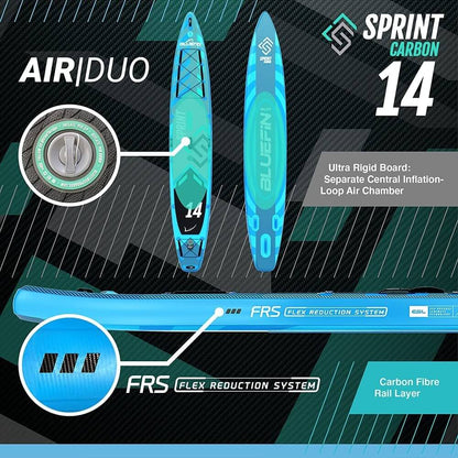Inflatable paddleboard with blue design, central inflation valve, and carbon fiber rail layer features