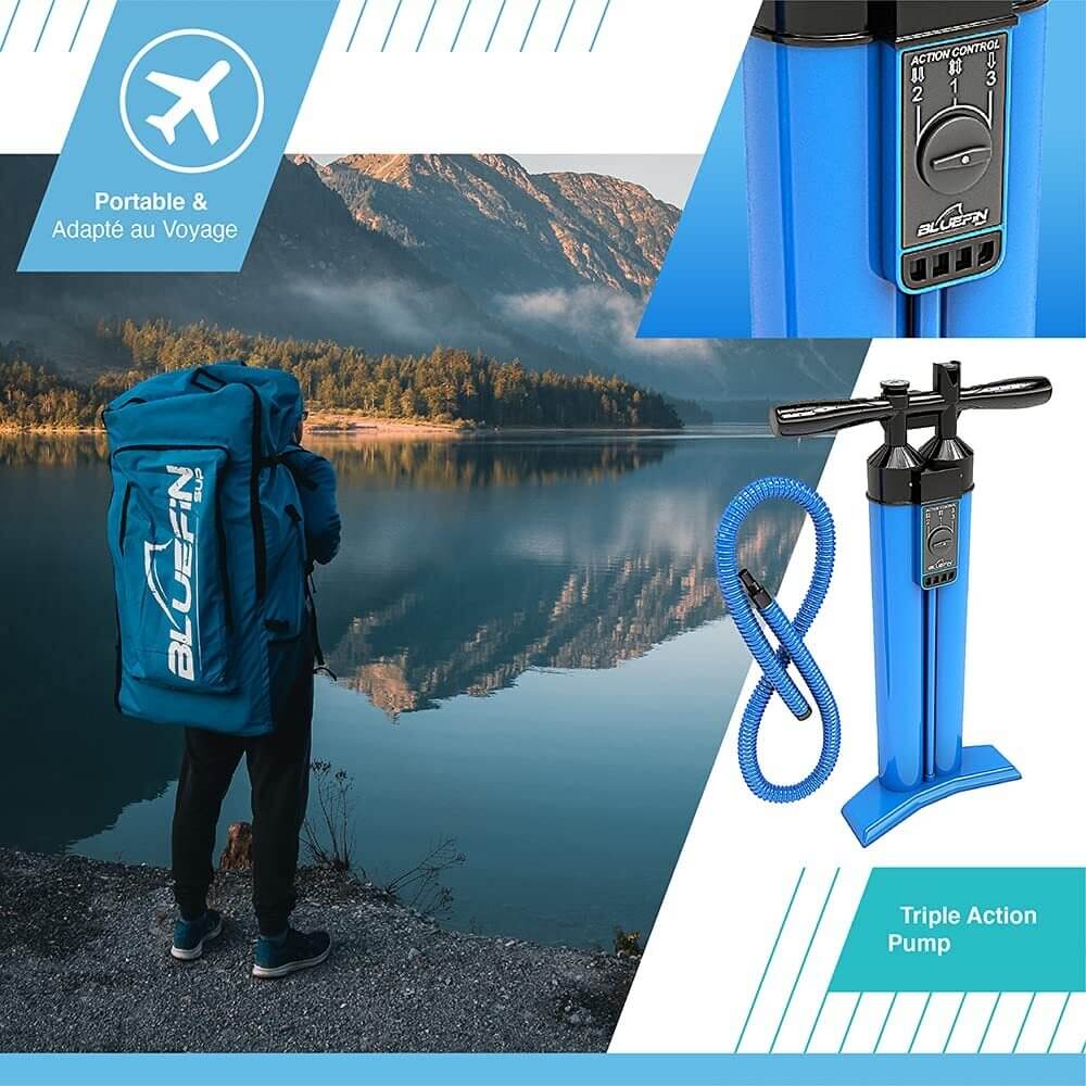 Bluefin triple action pump in blue with hose, next to a person by a lake carrying a blue backpack.