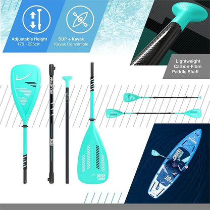 Adjustable turquoise paddle with carbon-fiber shaft, suitable for SUP and kayak use, shown in multiple parts.