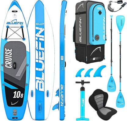 Inflatable paddleboard in blue with textured deck, fins, paddle, pump, and carrying backpack.