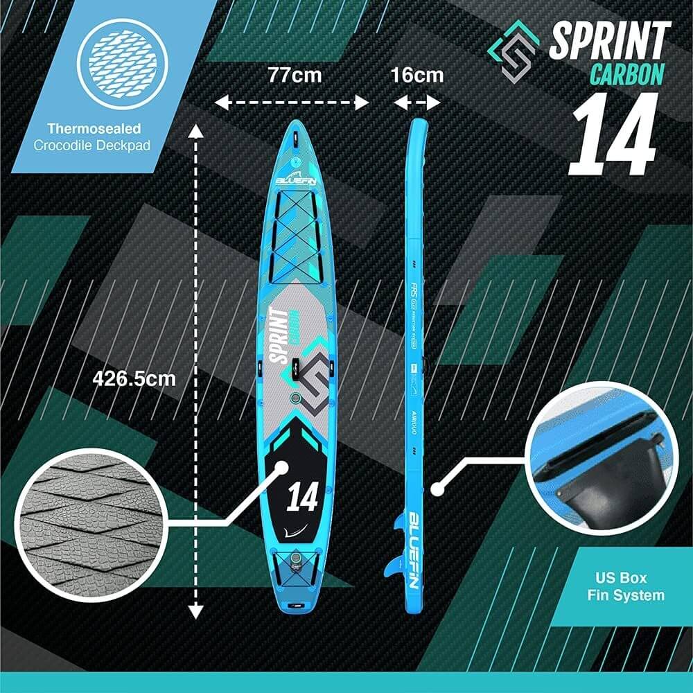 Inflatable paddleboard with blue design, 426.5cm long, 77cm wide, textured deck pad and US Box fin system