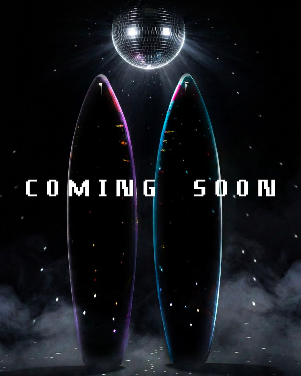 Two surfboards with colorful designs under a disco ball, with text 'COMING SOON' in white pixelated font.