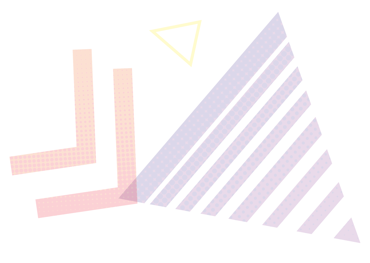 Abstract design with red and orange striped shapes, purple triangle, and yellow triangle on a black background.