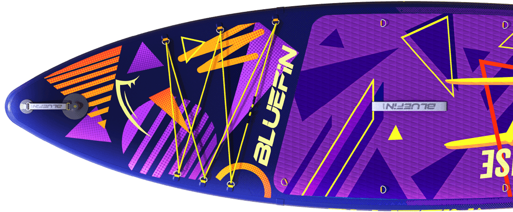Inflatable paddleboard with colorful geometric design, textured deck pad, and center fin.