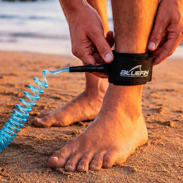 Person securing a Bluefin ankle leash around their ankle on a sandy beach at sunset.