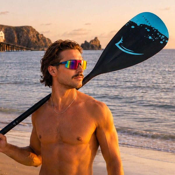 Man with sunglasses holding a black paddle over his shoulder at the beach during sunset.