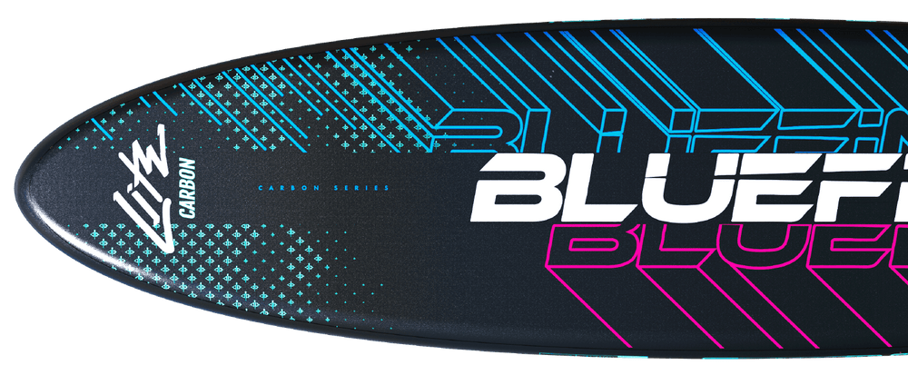 Carbon paddleboard with blue and pink geometric patterns and large "BLUEFIN" text on top