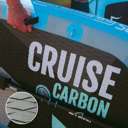 Cruise Carbon paddle board detail with textured grip and hand holding the side.