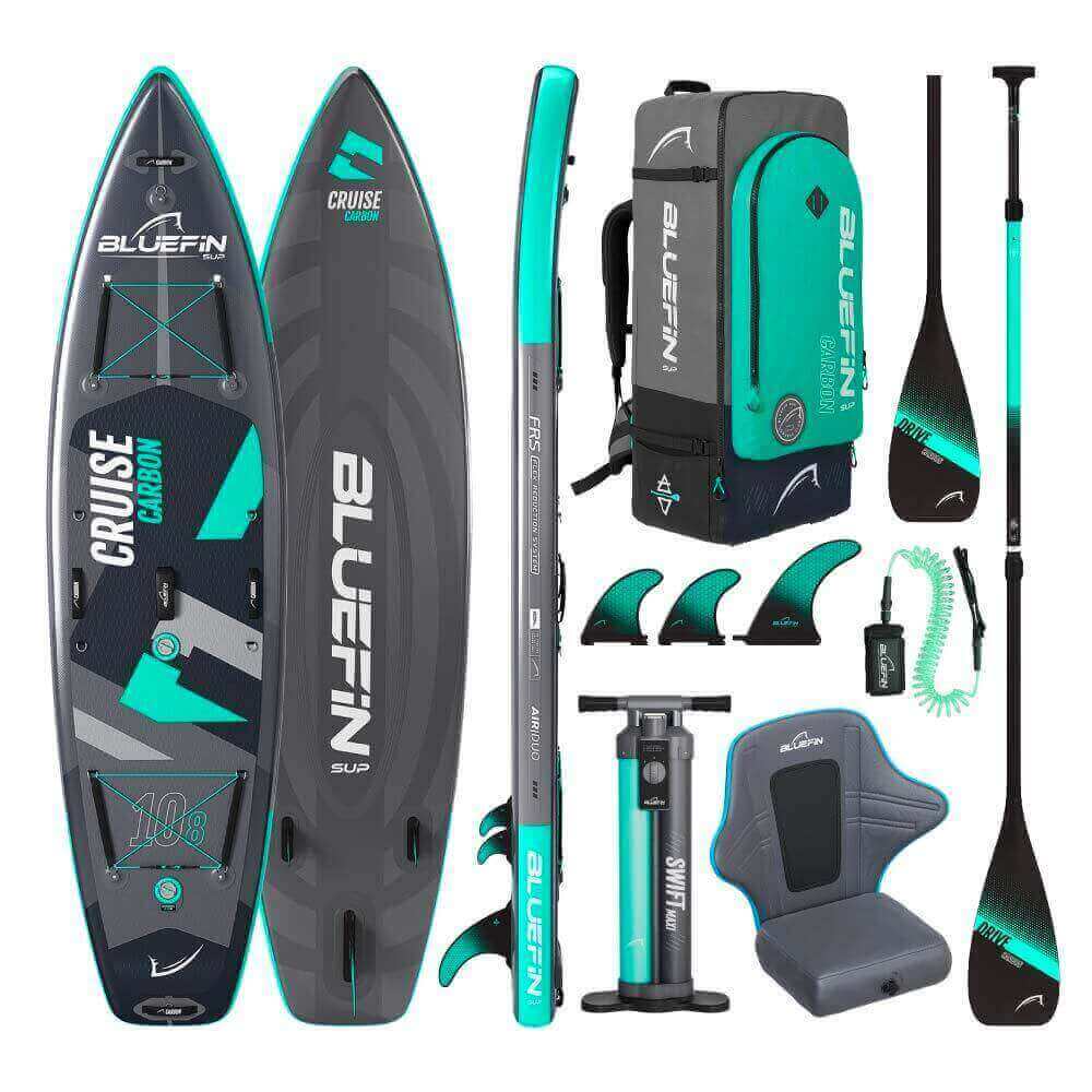 Bluefin SUP Cruise Carbon paddle board kit with paddle, pump, fins, backpack, and seat accessories.