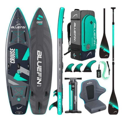 Bluefin SUP Cruise Carbon paddle board kit with paddle, pump, fins, backpack, and seat accessories.