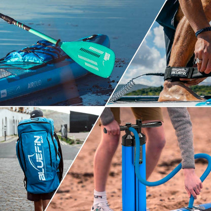 Bluefin SUP paddleboard accessories including paddle, pump, backpack, and leash in dynamic outdoor settings.