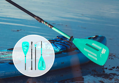 Paddle and paddle board on water, featuring a turquoise paddle and gear around the board.