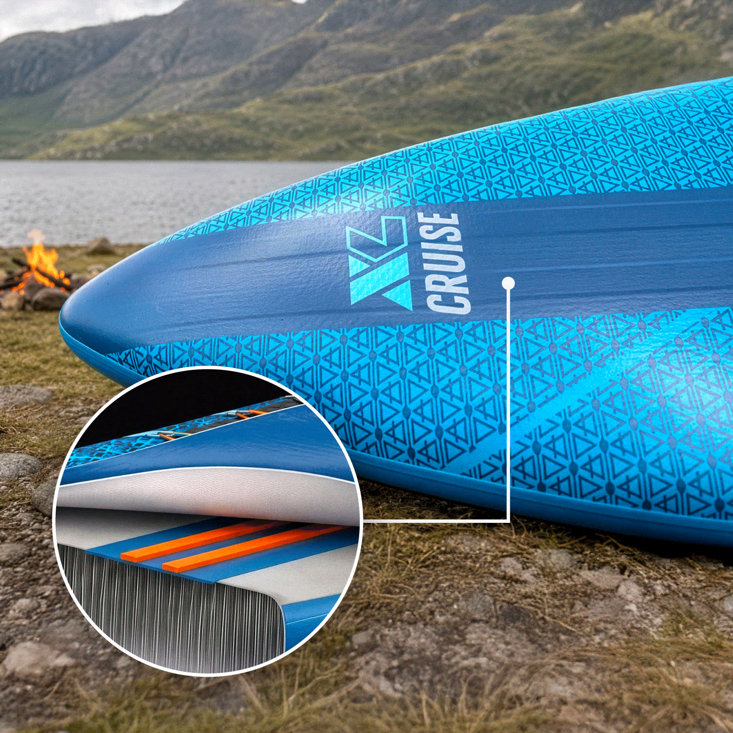 Inflatable paddleboard with blue geometric design, center fin, and inflation valve detail