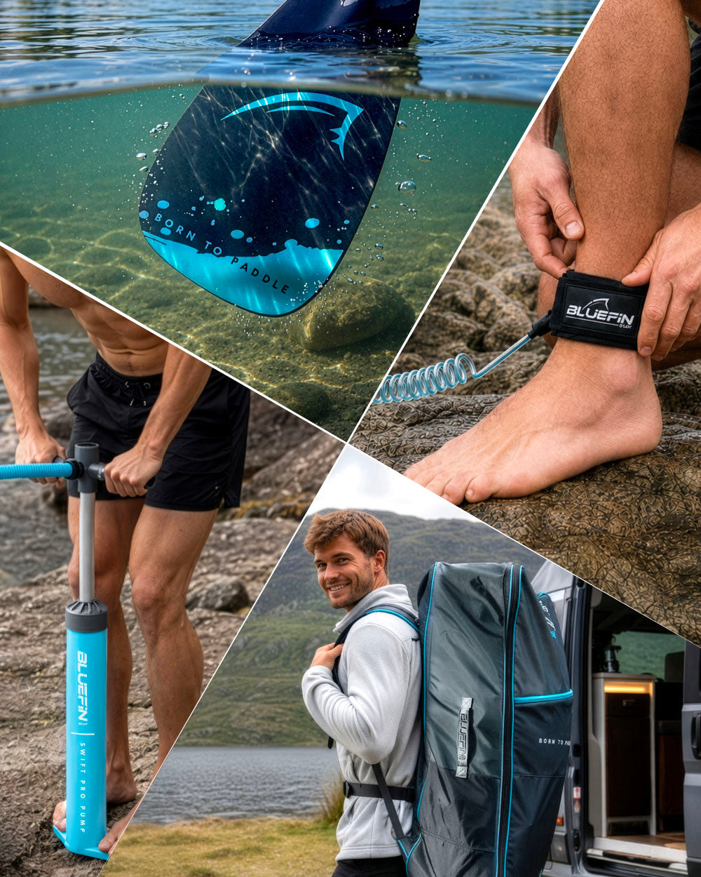 Collage of paddleboarding gear: paddle underwater, pump, ankle leash, and backpack with logo.