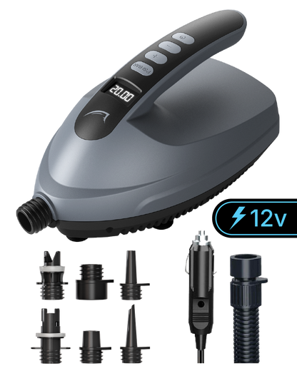 bluefin electric pump for inflatable paddleboard, showcasing the nozzle attachments you receive with the pump
