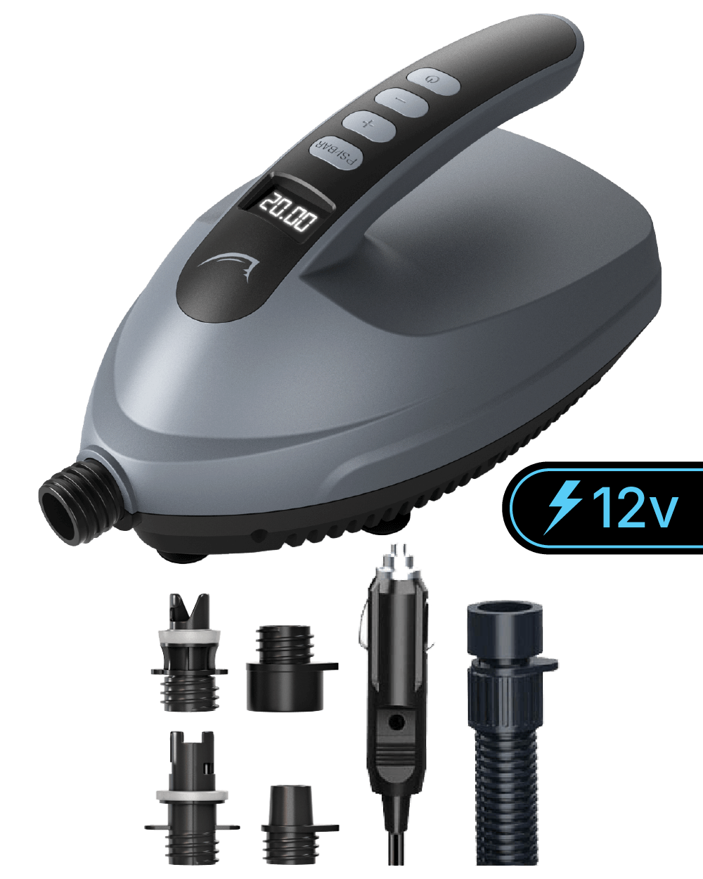 Electric air pump in gray with digital display, 12v, and multiple nozzle attachments.