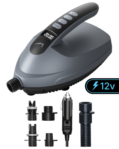 Electric air pump in gray with digital display, 12v, and multiple nozzle attachments.