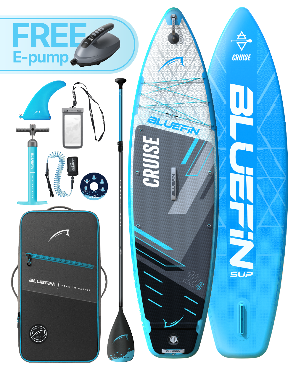 Inflatable paddleboard with blue accents, paddle, e-pump, and accessories for water sports.