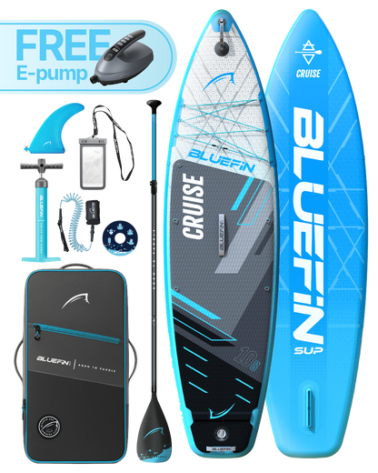 Inflatable paddleboard with blue accents, paddle, e-pump, and accessories for water sports.