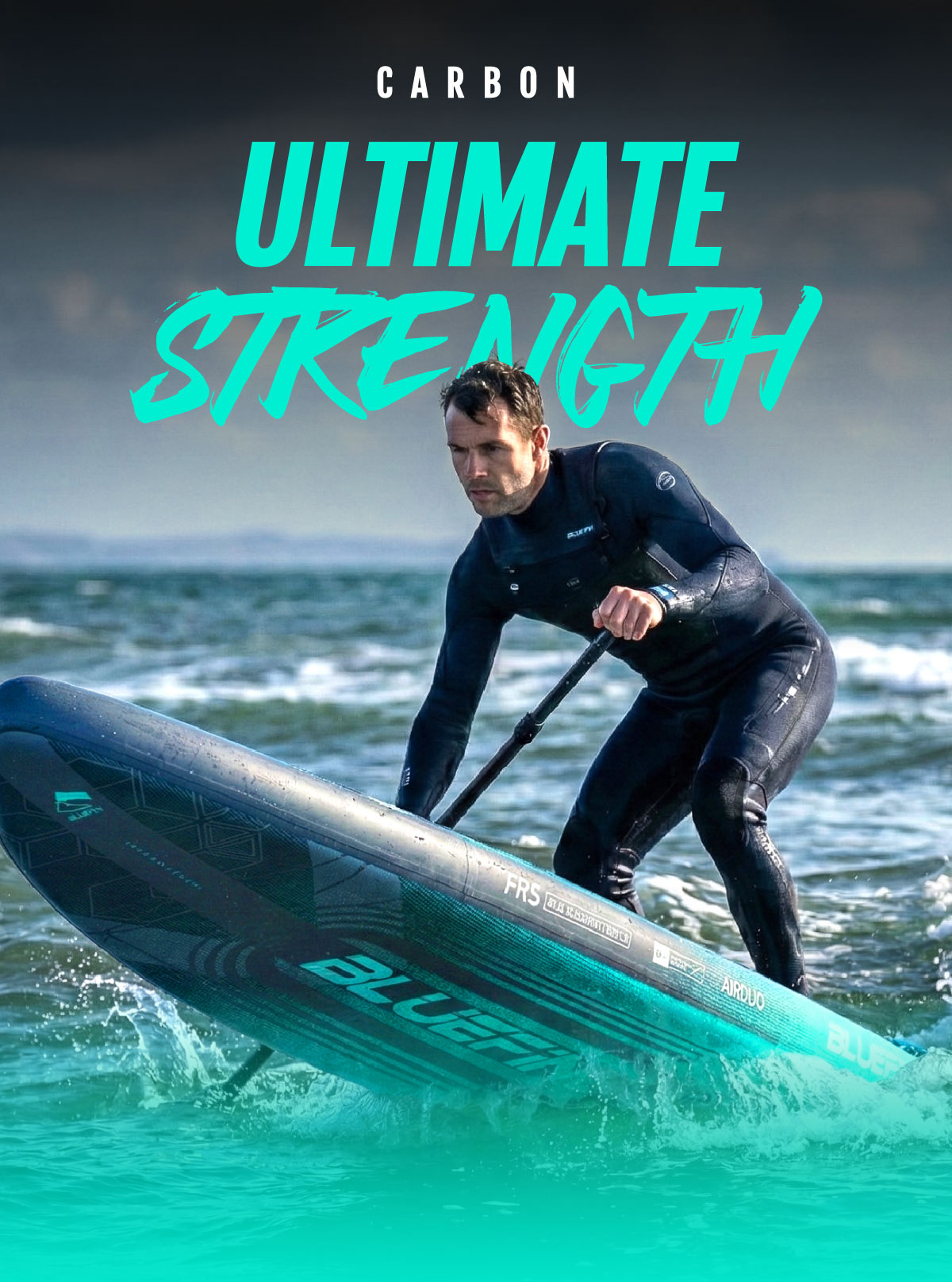 Person in a wetsuit paddling a Bluefin inflatable paddleboard on the water