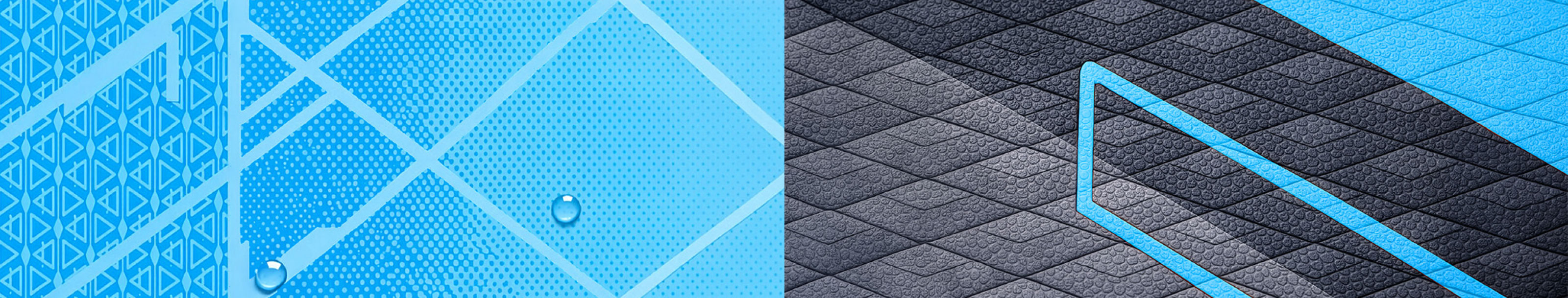 Textured blue paddleboard surface with geometric patterns and a water droplet on one side