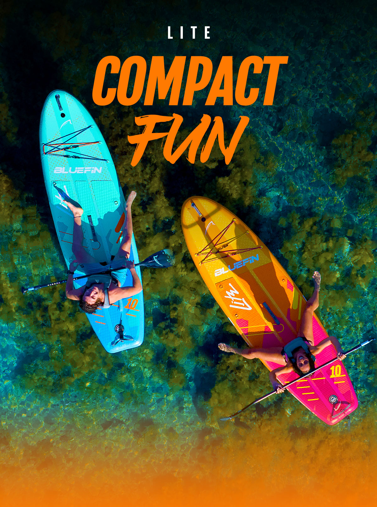 Two paddleboarders on colorful boards in clear water, one blue and one orange, enjoying the sun.