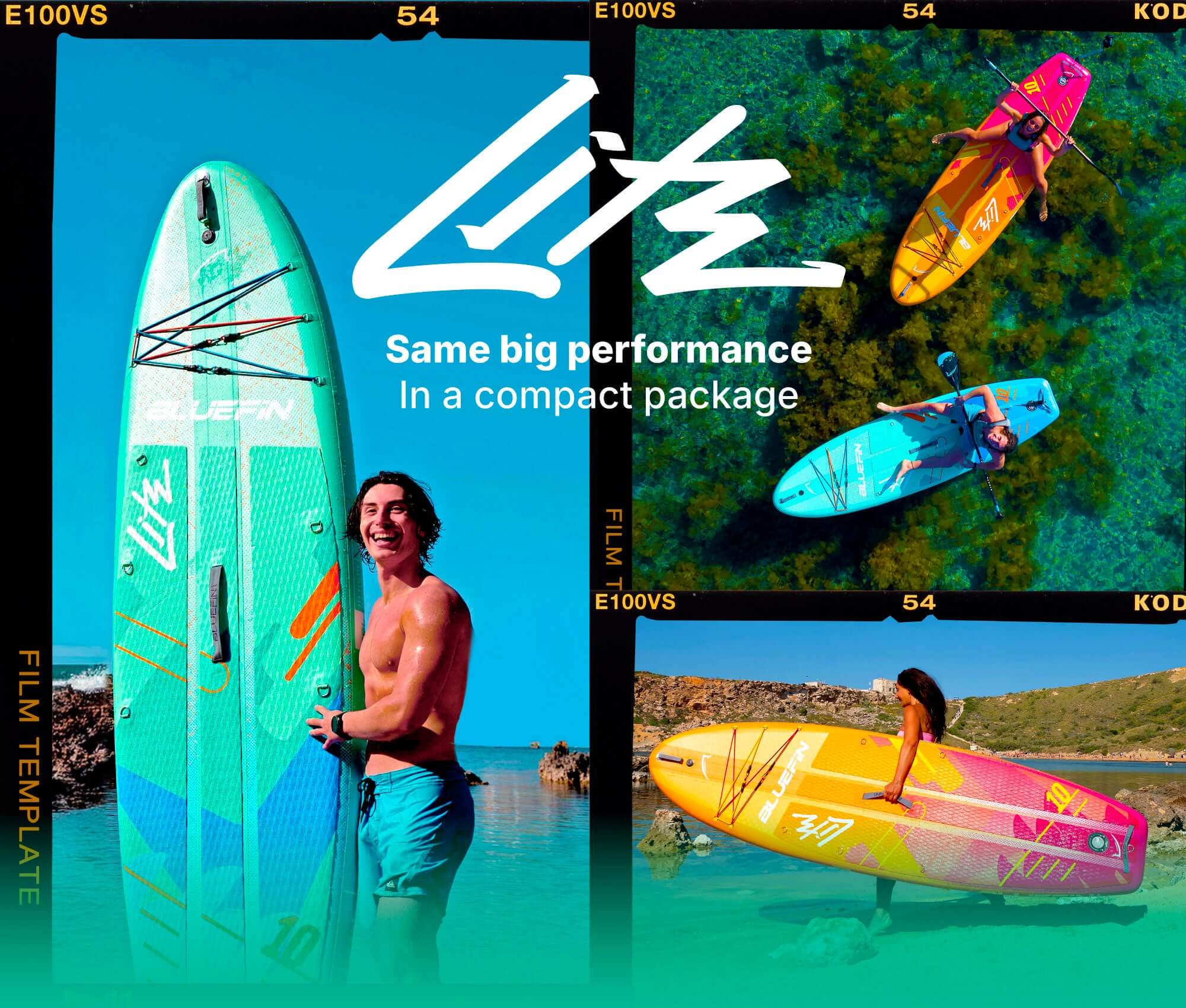 Three inflatable paddleboards in vibrant colors, with people paddling and smiling on the water.