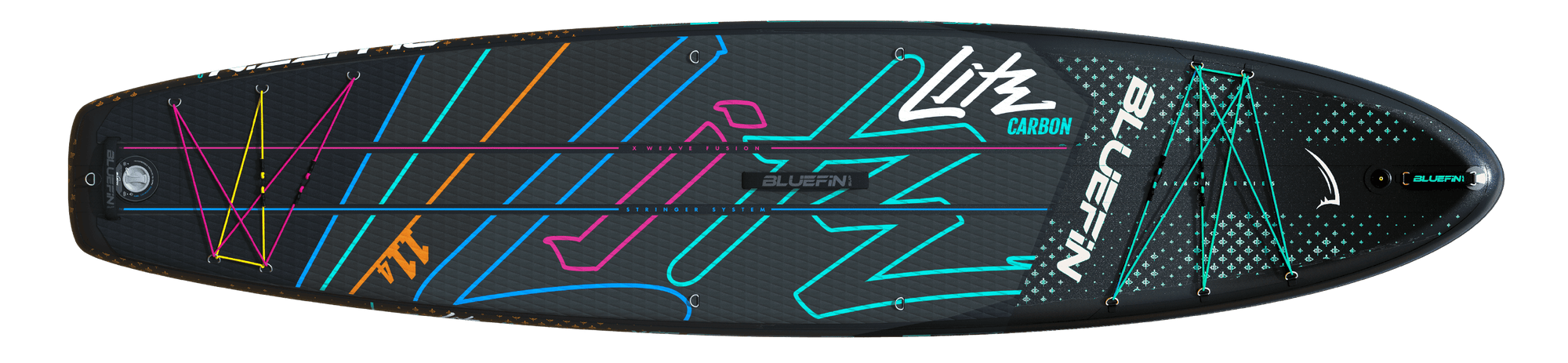 Inflatable paddleboard with colorful graphics, textured deck pad, and center fin attachment points