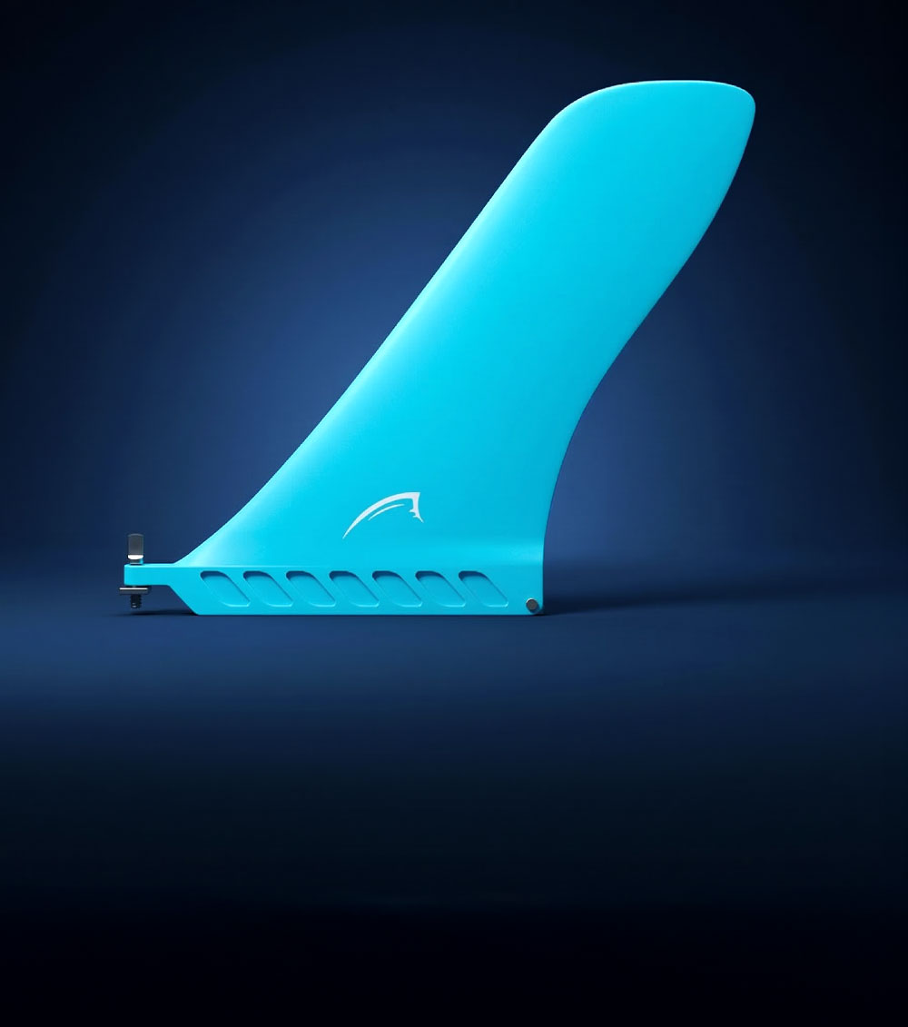 Blue fin for paddleboard with a sleek design and mounting hardware on the base