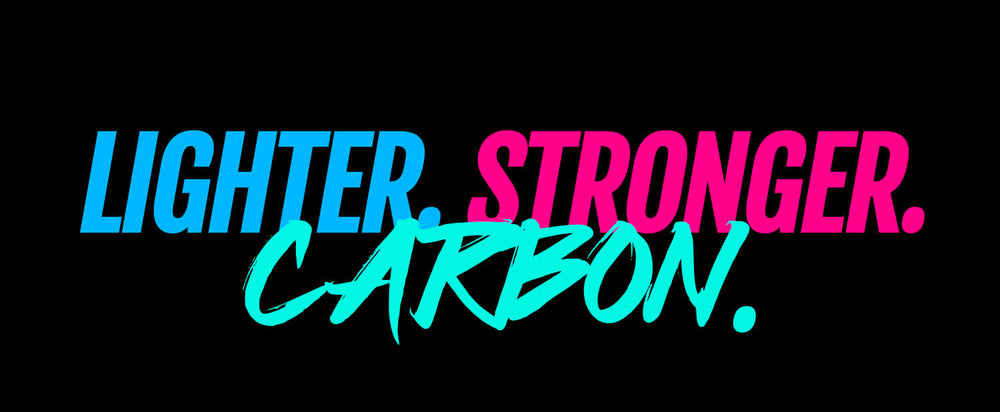 Text graphic with the words Lighter, Stronger, Carbon in blue, pink, and turquoise on a black background