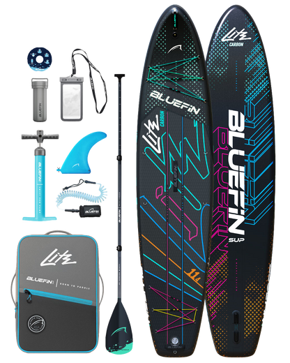 Lite Carbon inflatable SUP package with front and back of the paddleboard, paddle, pump, fin, leash, bag and accessories