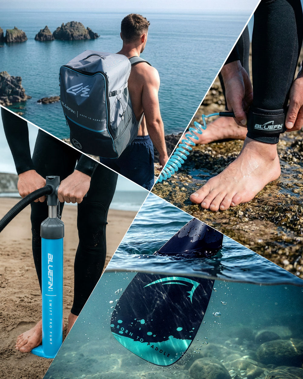 Collage showing the SUP backpack, hand pump, ankle leash and underwater board fin by the coast