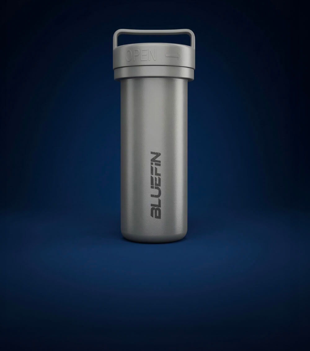 Silver cylindrical container with a handle, marked "OPEN" and "BLUEFIN" logo on the side