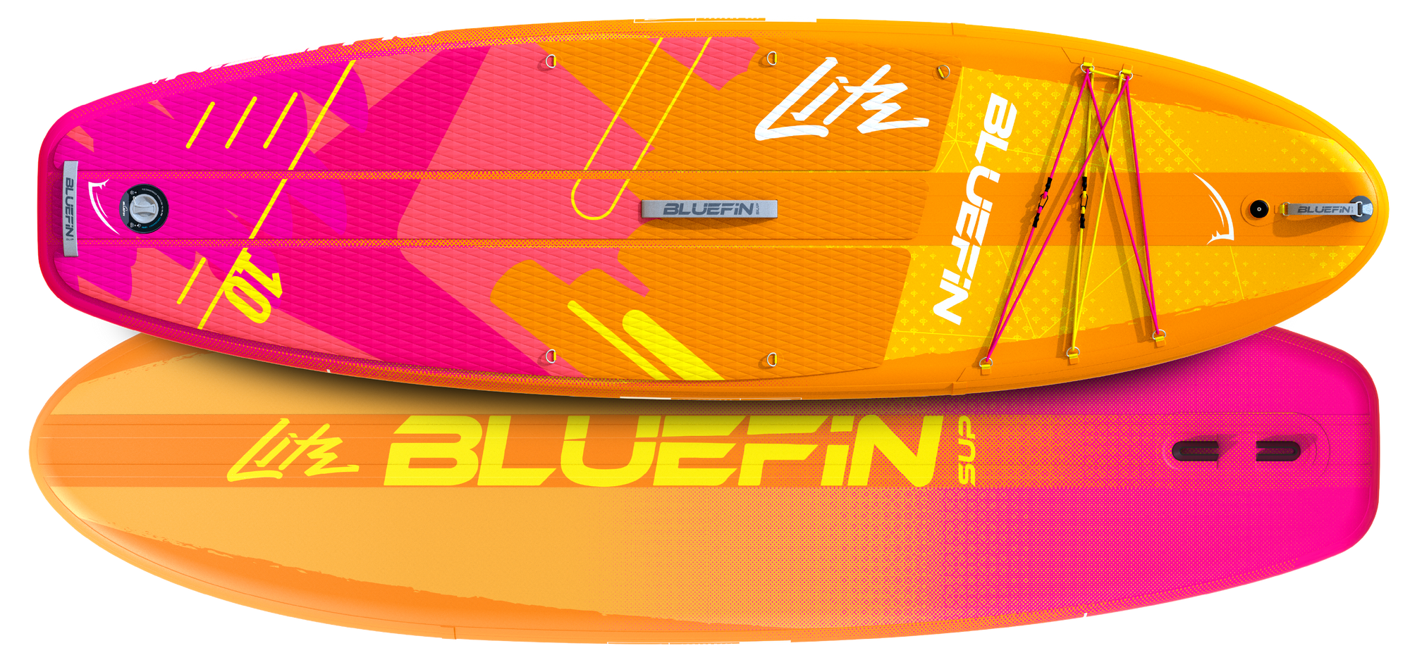 Inflatable paddleboard with vibrant pink and orange design, textured deck pad, and center fin.