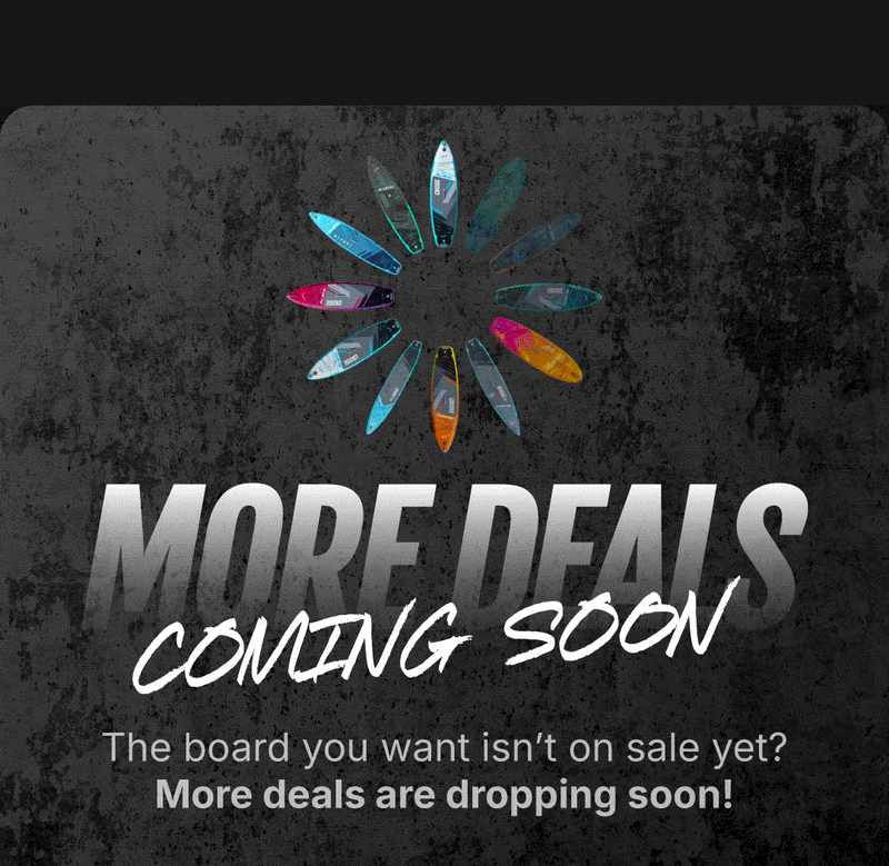 Graphic with colorful paddleboards arranged in a circle and text announcing upcoming deals.