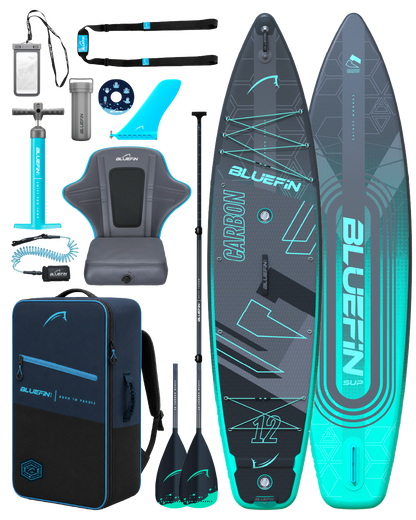 Inflatable paddleboard kit with paddle, pump, seat, fin, and carrying backpack in blue and gray colors.