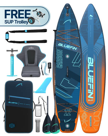 Inflatable paddleboard with blue and orange design, paddle, pump, seat, and accessories in a carrying bag.