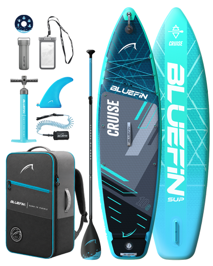 Inflatable paddleboard with textured deck, center fin, pump, paddle, backpack, and accessories.