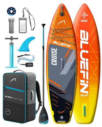 Inflatable Bluefin SUP paddleboard with accessories including a pump, paddle, fin, and carrying bag.