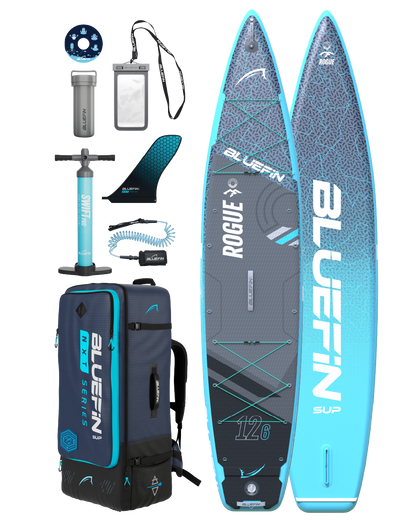 Inflatable paddleboard with textured deck, center fin, pump, backpack, and accessories for travel.