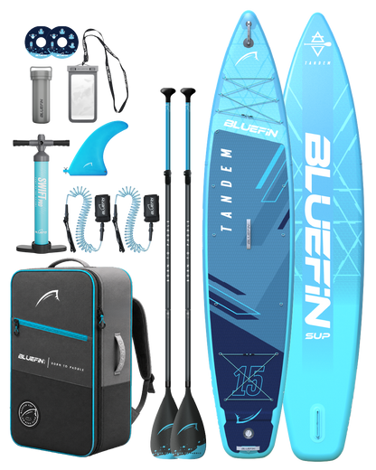 Tandem 15-foot inflatable SUP package with two paddles, backpack, pump, fins, leashes and accessories