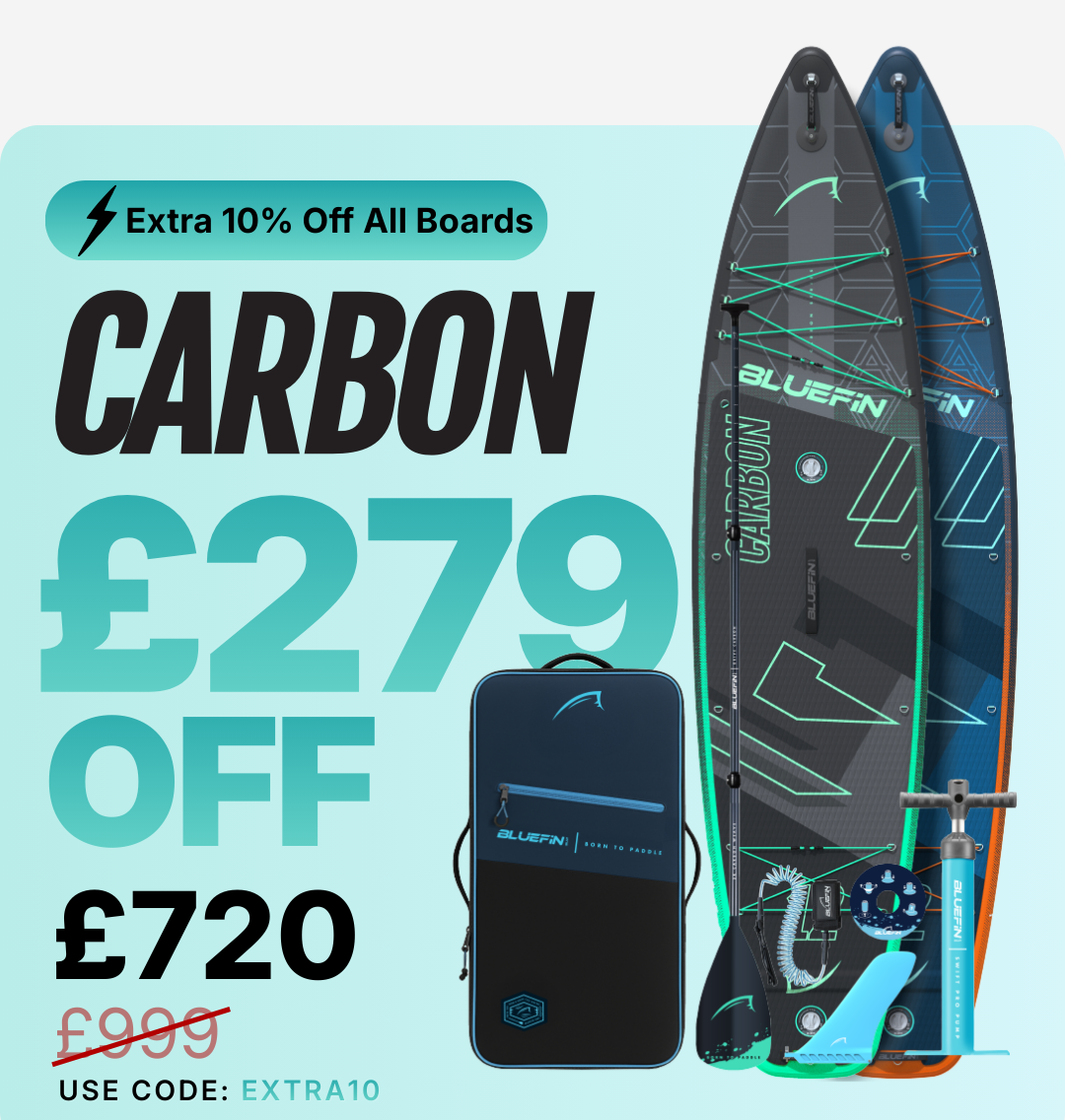 Two inflatable paddleboards with a carry bag, pump, and paddle, featuring a carbon design and price details.