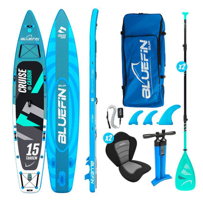 Bluefin SUP Cruise Carbon 15 tandem paddleboard bundle with paddles, fins, pump, seat, and carry case.