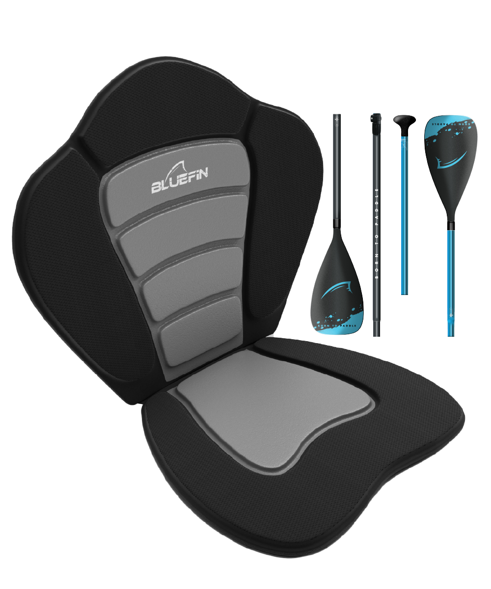Free Kayak Conversion Kit includes a comfortable seat and paddles for paddleboarding and kayaking.