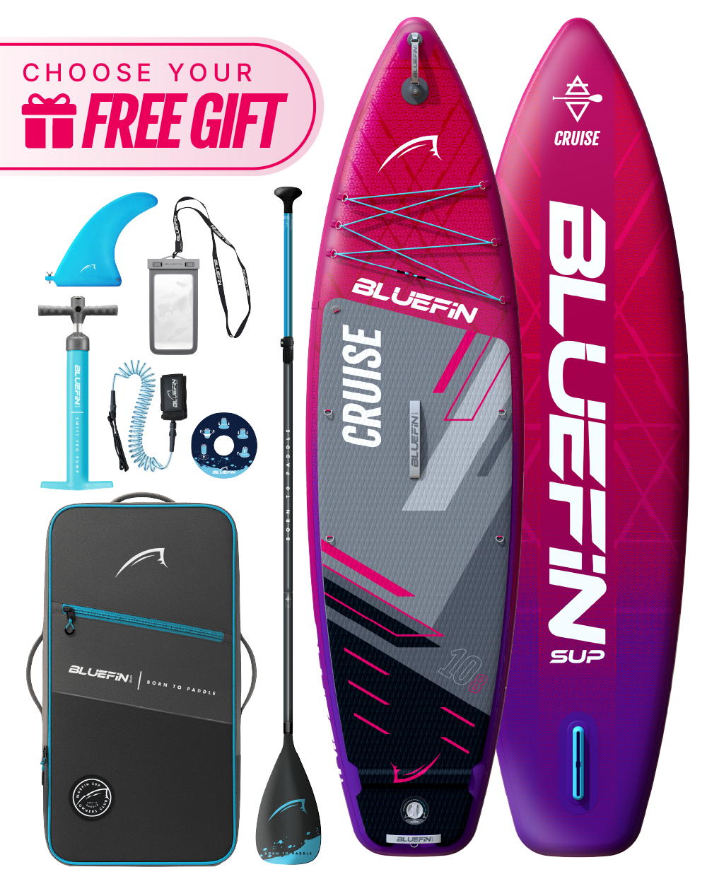 Inflatable paddleboard with pink and gray design, paddle, fin, pump, and carrying bag included.