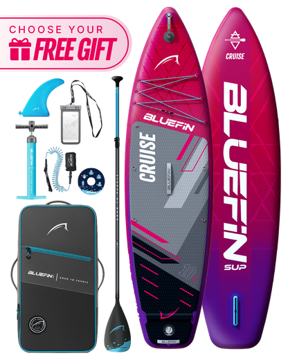 Inflatable paddleboard with pink and gray design, paddle, fin, pump, and carrying bag included.