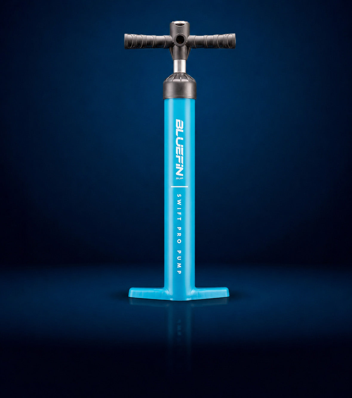 Bluefin Swift Pro Pump in bright blue with a T-shaped handle and sturdy base for inflating paddleboards