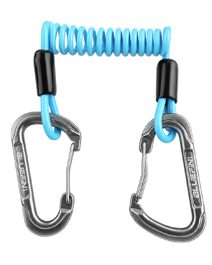 Two stainless steel carabiners connected by a blue coiled spring and black plastic connector
