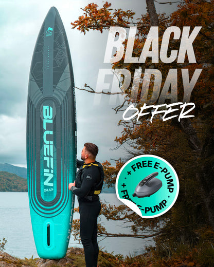 Inflatable Bluefin SUP paddleboard with textured surface, man in wetsuit, lake and trees in background